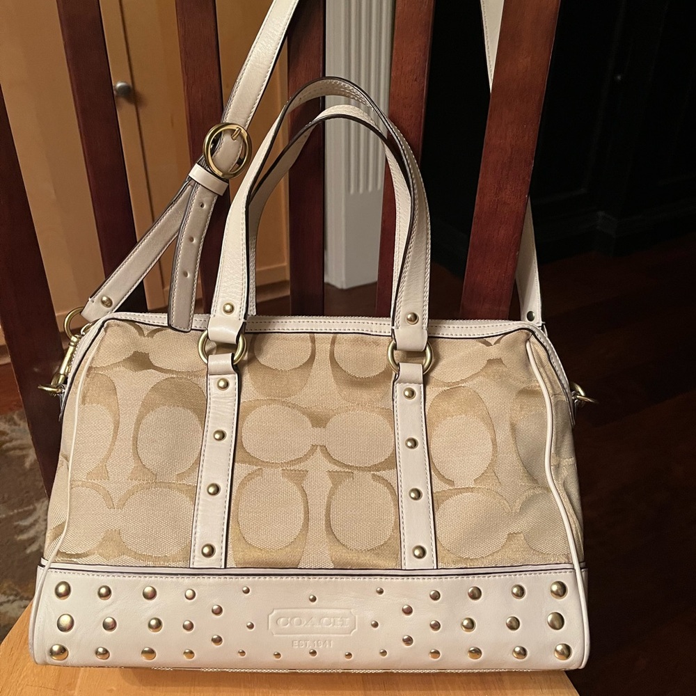 Coach signature C khaki ivory leather gold studded trim crossbody strap+ insert